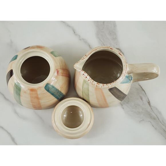 Oneida Teramo Stripes Creamer & Sugar Bowl w/ Lid Stoneware Glazed 1999 Vintage - Picture 8 of 14